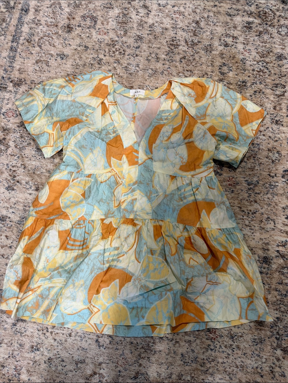A.L.C. Short Sleeve Floral Tiered Top in Light Blue, Mustard, Cream